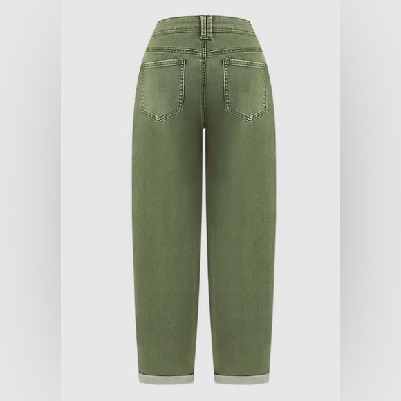 Flamingals Roll Hem  Mid Waist Straight Leg Crop Jeans in Army Green Medium NWT - Picture 6 of 11